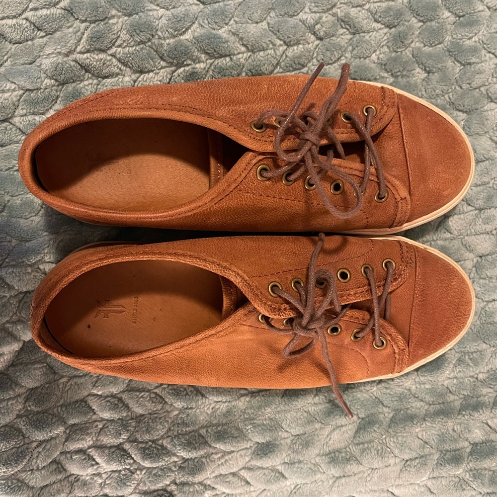 Cognac leather Frye sneakers; gently worn